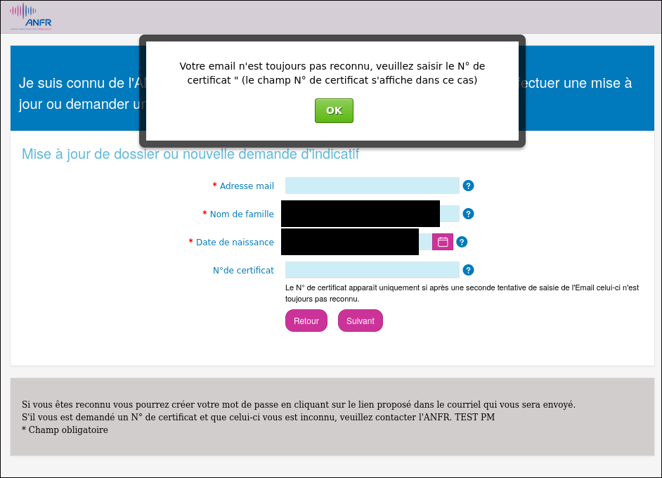 Saisie de l'identifiant du certificat d'opérateur après plusieurs erreurs