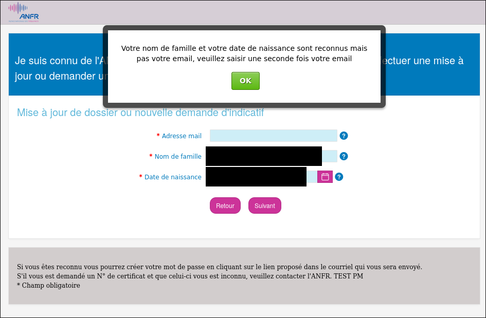 Erreur : l'adresse mail n'existe pas