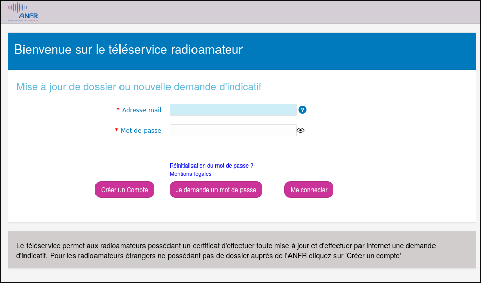 Page d'accueil du téléservice ANFR